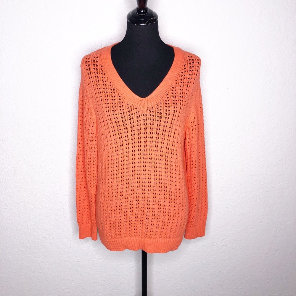 Talbots Plus orange cotton crochet open knit v neck fisherman sweater size 1X